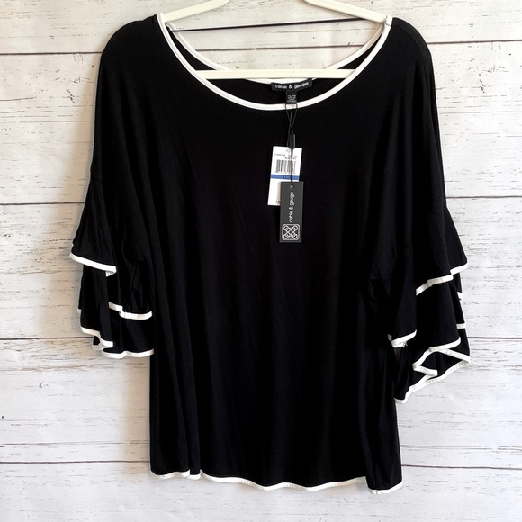 Cable & Gauge Tops - Cable & Gauge Black Ruffle-Sleeved Top with White Trim, size XL, NWT